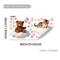 Detail of 30x60cm wall sticker showing cute teddy bear, cat and flowers for home decor - Teddy Bear And Cat On Clouds Style (M20233)