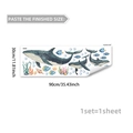 Detail view of marine wall sticker layout featuring blue whales and colorful sea creatures - Hand-painted Watercolor Marine Life Panoramic Style (30*90cm)