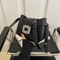 Elegant black crescent shoulder bag with a luxury crystal square buckle for women - Black