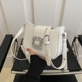 Chic white leather shoulder bag with a crystal-encrusted square buckle and adjustable strap - White