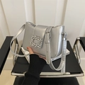 Silver leather underarm bag for women with a large crystal square buckle and shoulder strap - Silver