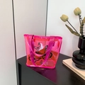 Pink transparent PVC tote bag with butterfly prints and top zip for summer - Rose Red