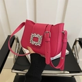 Vibrant hot pink shoulder bag featuring a luxury square crystal buckle and leather strap - Rose Pink
