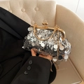Silver sequin clutch bag with vintage kiss-lock closure and gold chain strap - Silver
