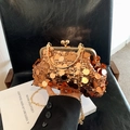Elegant gold sequin evening bag with chain strap and vintage metal clasp shell bag - Gold