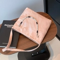 Pink marble pattern shoulder tote bag with decorative beaded handle and long strap - Pink