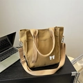 Borsa tote in tela marrone con ricamo a fiocco e tracolla regolabile rimovibile - Marrone