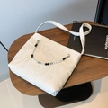 White marble pattern shoulder bag with decorative beaded metal chain and leather strap - White