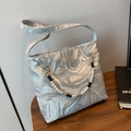 Silver marble pattern handbag with decorative black and white pearl beaded handle - Silver