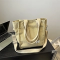 Grande borsa tote in tela beige con fiocco, doppi manici e tracolla regolabile rimovibile - Cachi