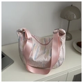 Detail of pink dumpling bag with colorful wave embroidery and monogram texture - Pink