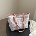 Off-white canvas tote bag with pink butterfly embroidery and leather straps - Pink