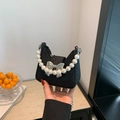 Schwarze Mini-Glitzertasche mit silberner Schleife und Perlen griff für Damen - Schwarz
