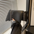 Minimalist black asymmetric leather shoulder bag with silver double chain and layered design - Black
