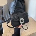 Black leather crossbody bag with quilted patterns and sparkling rhinestone buckle - Black
