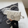 White quilted PU leather shoulder bag with square crystal buckle and adjustable strap - White