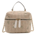 Minimalist straw bucket bag with floral embroidery and gold chain strap for women - White
