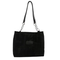 Chic black tote bag with bamboo leaf embossed texture and silver chain strap details - Black