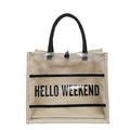 Transparent PVC tote bag with HELLO WEEKEND text and beige canvas inner pouch - Hello Weekend Style
