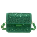 Green rhinestone crossbody flap bag with adjustable strap and golden buckle detail - Green