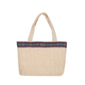 Beige geweven stro handtas met kleurrijke etnische patroonrand en zilveren drukknop - Tarwestro Broken Wit