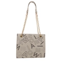 Borsa tote grigio chiaro in pelle con stampa di lettere e tracolla a catena oro - Bianco