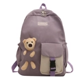 Mochila escolar morada ligera para niñas con un oso de peluche 3D y bolsillo con hebilla - Morado