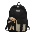 Mochila negra minimalista con bolsillo blanquecino, gran capacidad y llavero de oso - Negro
