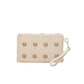 Pochette chic in paglia intrecciata beige con borchie dorate e cinturino da polso - Beige Con Perline Dorate