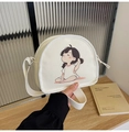 Beige canvas crescent bag with cute cartoon girl print and adjustable shoulder strap - Cartoon Girl Style (200)