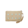 Piccola borsa in paglia beige con perline azzurre e cinturino da polso in pelle marrone - Cachi con Blu
