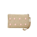 Elegante borsa pochette in paglia intrecciata beige con perle rosa e cinturino marrone - Cachi Con Rosa