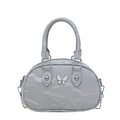 Borsa bowling grigio chiaro con fiocco, texture a pieghe e tracolla a catena - Argento