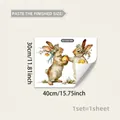 Detailed sheet of Easter bunny and egg static window stickers with size measurements - Two Brown Rabbits with Easter Egg Style (D21442)