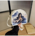 Chic off-white canvas crescent bag with traditional Chinese ink painting and adjustable strap - Ink Mountain Style (200)