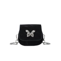 Mini borsa a sella nera in velluto con decoro a farfalla e tracolla a catena - Nero
