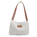Minimalistische beige gewebte Totebag mit blauen Streifen und braunen Lederriemen - Blau