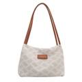 Minimalistische beige gewebte Tragetasche mit braunen Ledergriffen für Damen im Alltag - Grau