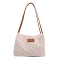 Minimalistische große Schultertasche aus beige geprägtem Stoff mit braunem Lederriemen - Rosa