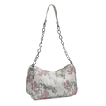 Floral embroidered shoulder bag in cream with pink blossoms and metal chain strap - Off White