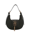 Elegante bolso de media luna negro con logo dorado y detalle de borla metálica - Negro