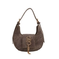 Bolso media luna 2024 en denim marrón vintage con logo dorado y detalle de borla - Marrón