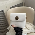 White minimalist crossbody bucket bag with vintage bronze bear emblem and leather strap - White