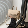 Elegant beige minimalist square handbag with embossed lettering and silver hardware - Khaki