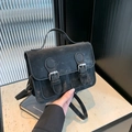 Retro black messenger bag in vintage fabric with dual buckle closure and top handle - No Pendant / Black