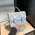 Retro grey-blue velvet square handbag with double buckle straps and long shoulder strap - No Pendant / Silver