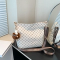 White monogram crossbody bag with retro print, plush charm and striped strap - With Pendant / White