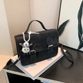 Vintage black canvas satchel bag with retro washed texture and cute cartoon charm - With Pendant / Black