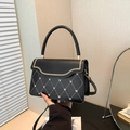 Retro black quilted crossbody bag with heart embroidery and top handle for women - Black