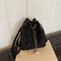 Chic black drawstring bucket bag with silver butterfly buckle and pearl charms - Butterfly Buckle Pearl Drawstring Style / Black